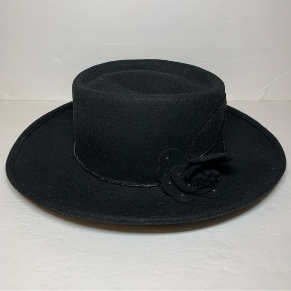 Liz Claiborne Womens Fedora Hat Wool Wide Brim Black Beaded Strap main image 4